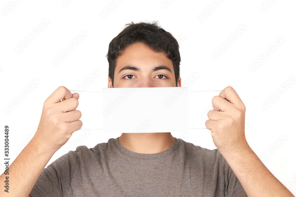 Portrait of man wearing medical mask on white background Portrait of man wearing medical mask on white background