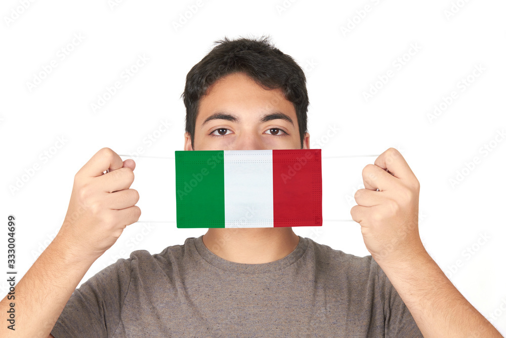 Portrait of man wearing medical mask on white background