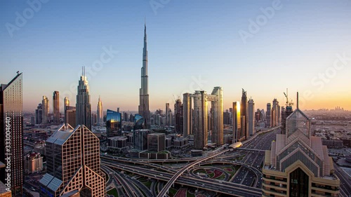 View of Burj Khalifa Dubai Downtown skyline overview at sunset