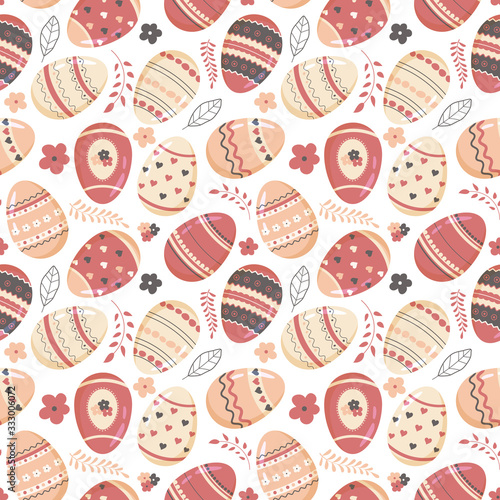 Vector seamless pattern of a color eggs. Illustration of easter decorative eggs background textile or wrapping. Traditional easter ornament. Happy easter. Hand-drawn. Vector illustration.