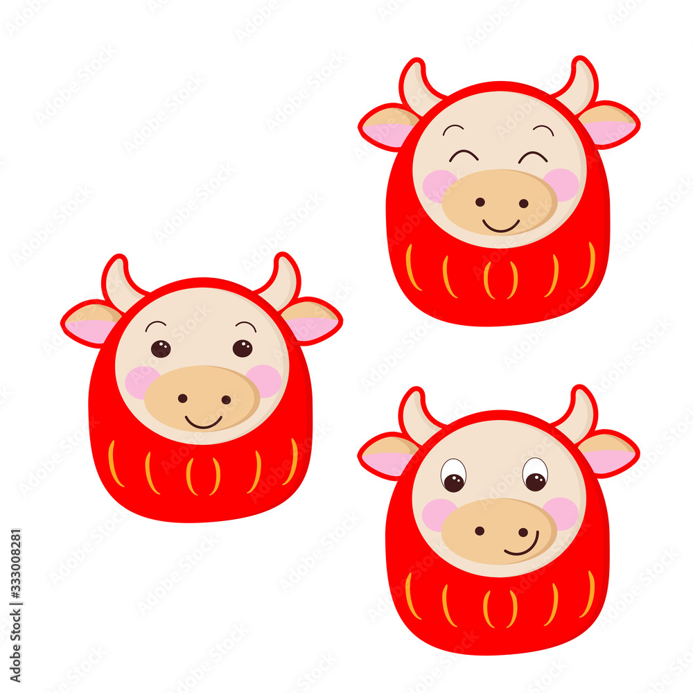 Darum set in the form of a bull-calf symbol of 2021. Character with different eyes for your Happy New Year greetings.