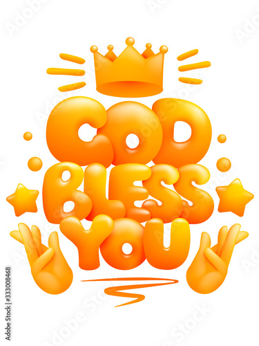 God bless you poster with hands in prayer gesture. Cartoon 3d style.