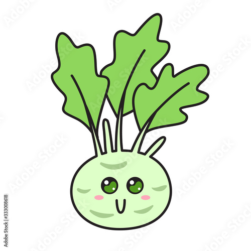 Cute kohlrabi character with face. Kawaii doodle kohlrabi isolated on white background.