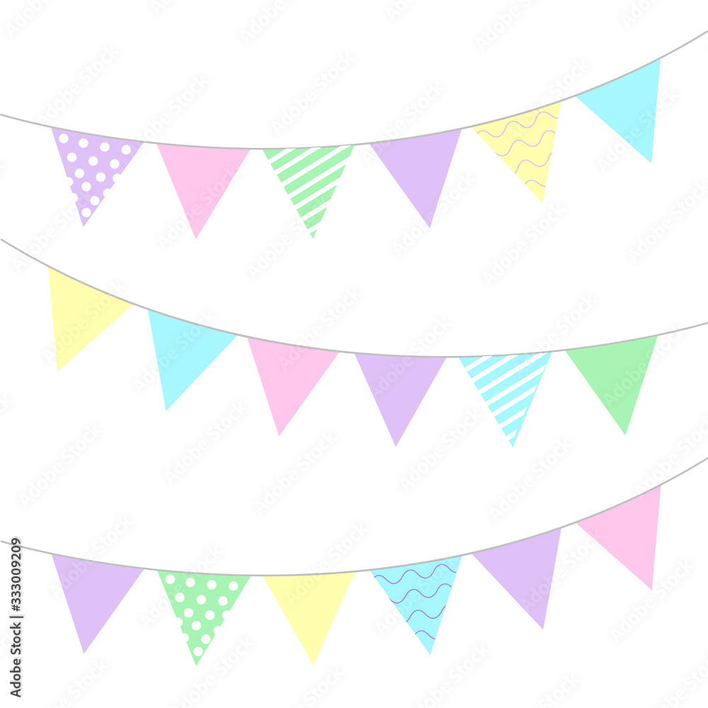 flags in pastel colors. Decoration for the holiday. Triangular flags with polka dots, stripes and waves.