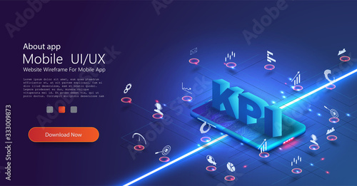 Banner KPI concept with icons. KPI (Key Performance Indicators) concept web banner with Key aspects of the and icons KPI. Achievement versus planned target. Isometric vector banner