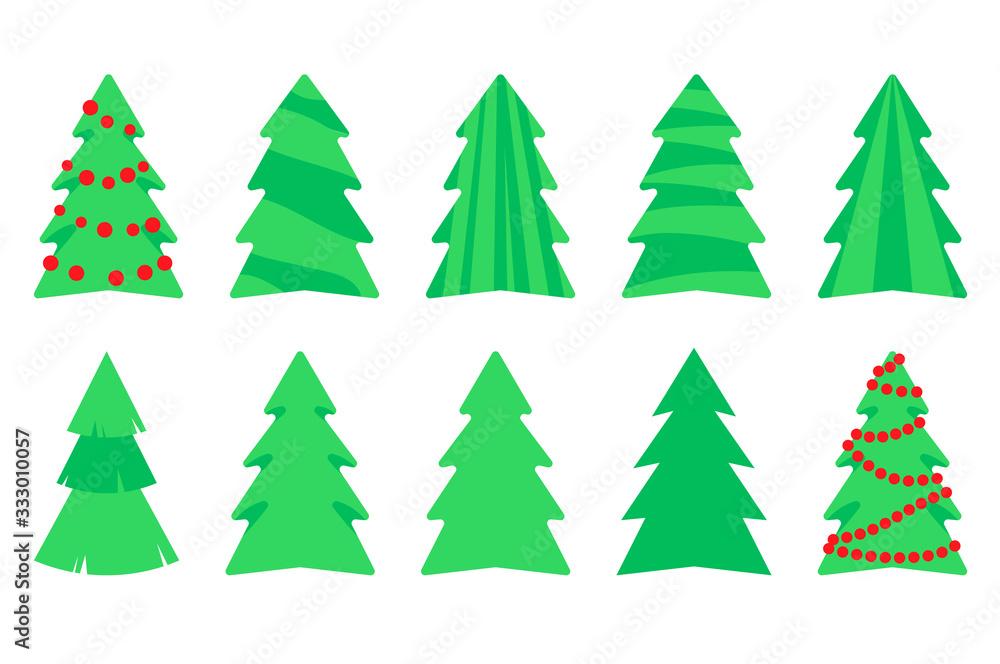 Vector illustration, Christmas tree flat cartoon set. Isolated on white background. Applicable as a decorative element for interior designs, greeting postcards, posters, flyers etc.