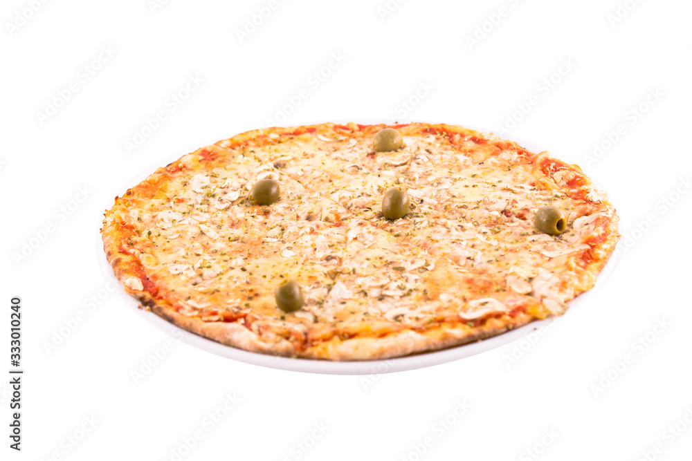 Pizza Margherita with cheese and green olives. Photo taken on a white background. A dish of Italian cuisine. Suitable for restaurant menu. Pizza Margherita with cheese and green olives. Photo taken on a white background. A dish of Italian cuisine. Suitable for restaurant menu.