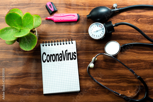 Novel coronavirus disease 2019-nCoV on notebook, stethoscope pot plant and felt pen 