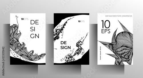 Cover design for book, magazine, brochure catalog template set. Monochrome graphic elements are manually drawn. Vector 10 EPS. 