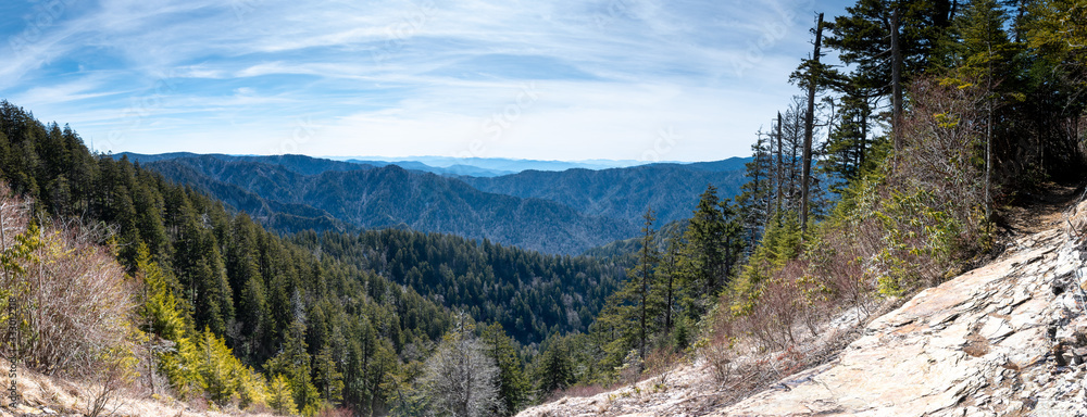 A panoramic view of the Great Smoky Mountains National Park from the Alum Cave Trail