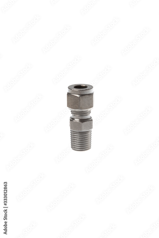 Steel coupling for quick metal pipe connection with thread, isolated on white background Steel coupling for quick metal pipe connection with thread, isolated on white background