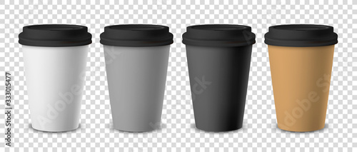 Vector 3d Realistic Disposable Closed Paper, Plastic Coffee Cup for Drinks with Black Lid Set Closeup Isolated on Transparent Background. Design Template, Mockup. Front View