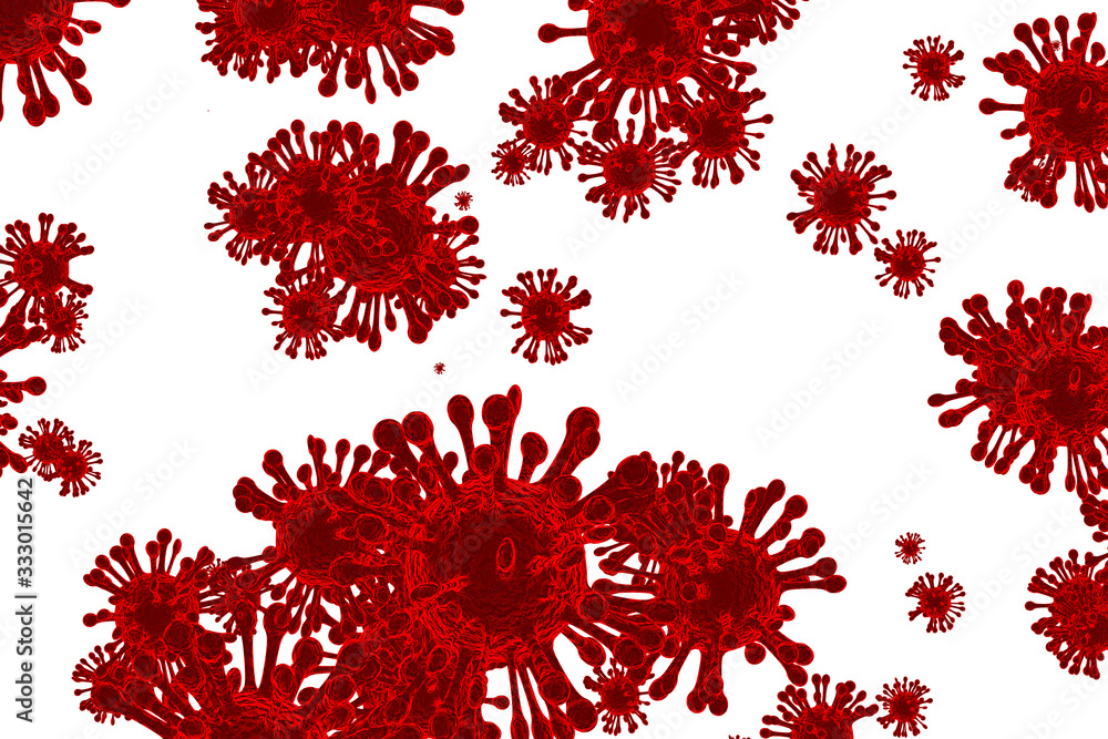 Corona Virus In Red on white background ,Microbiology And Virology Concept - 3d Rendering Corona Virus In Red on white background ,Microbiology And Virology Concept - 3d Rendering