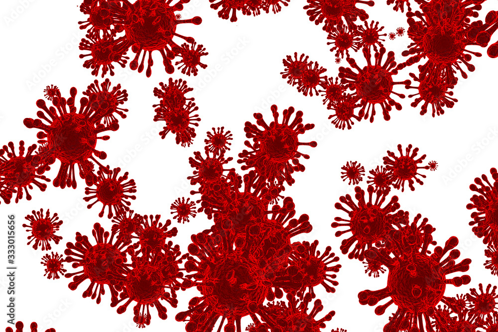 Corona Virus In Red on white background ,Microbiology And Virology Concept - 3d Rendering Corona Virus In Red on white background ,Microbiology And Virology Concept - 3d Rendering