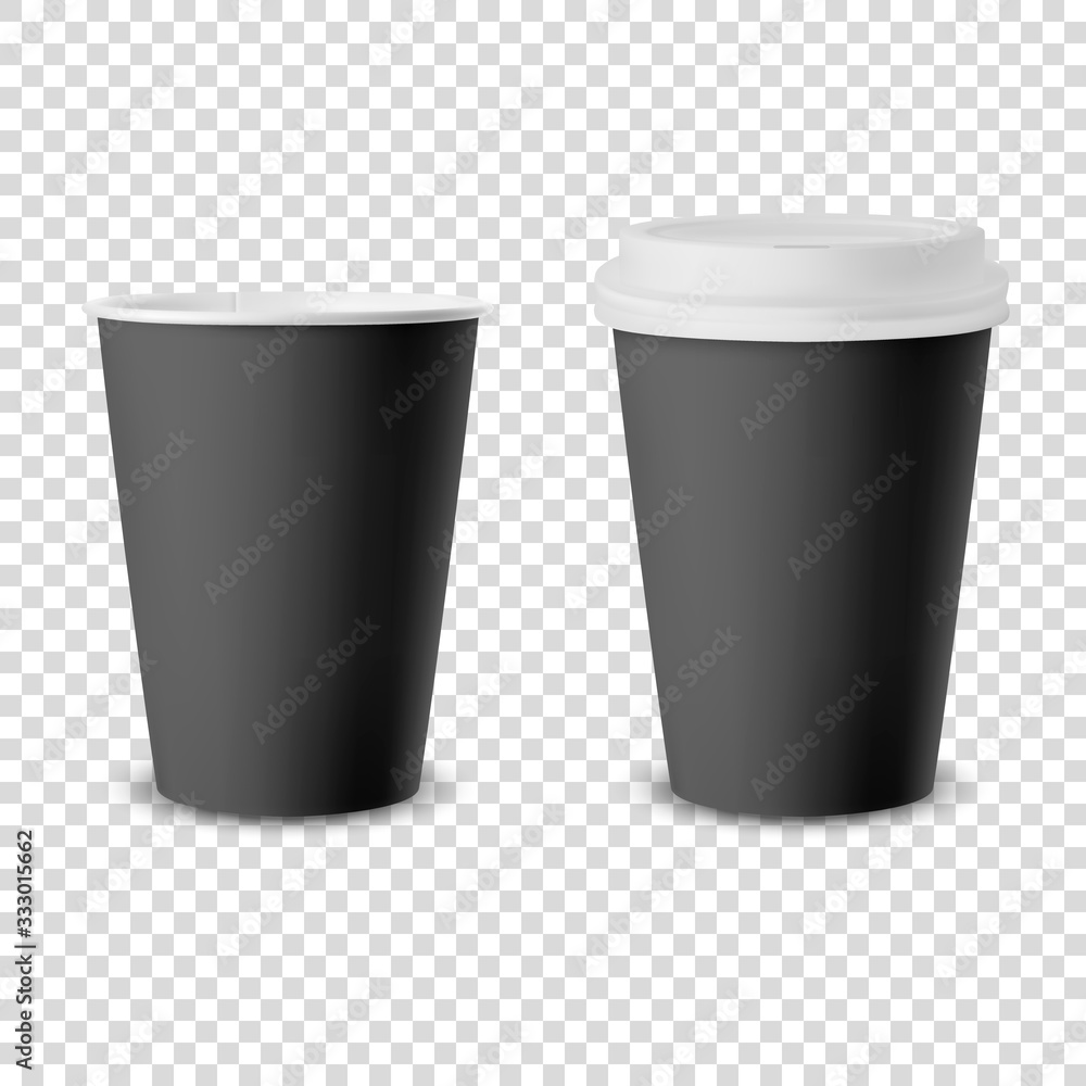 Vector 3d Realistic Black Disposable Opened and Closed Paper or Plastic Coffee Cup for Drinks with White Lid Icon Set Closeup Isolated. Design Template, Mockup. Front View Vector 3d Realistic Black Disposable Opened and Closed Paper or Plastic Coffee Cup for Drinks with White Lid Icon Set Closeup Isolated. Design Template, Mockup. Front View