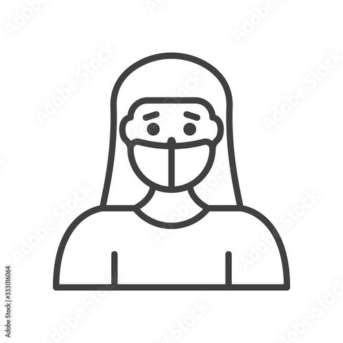 Icon of a woman in a mask from viruses. Linear image style. Isolated vector on a white background.
