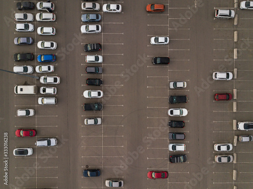 Aerial top down drone shot of city parking.
