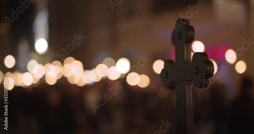Torchlight procession at night people walk and protest with burning torches