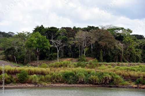 Landscape of Panama Canal, view from the transiting cargo ship.