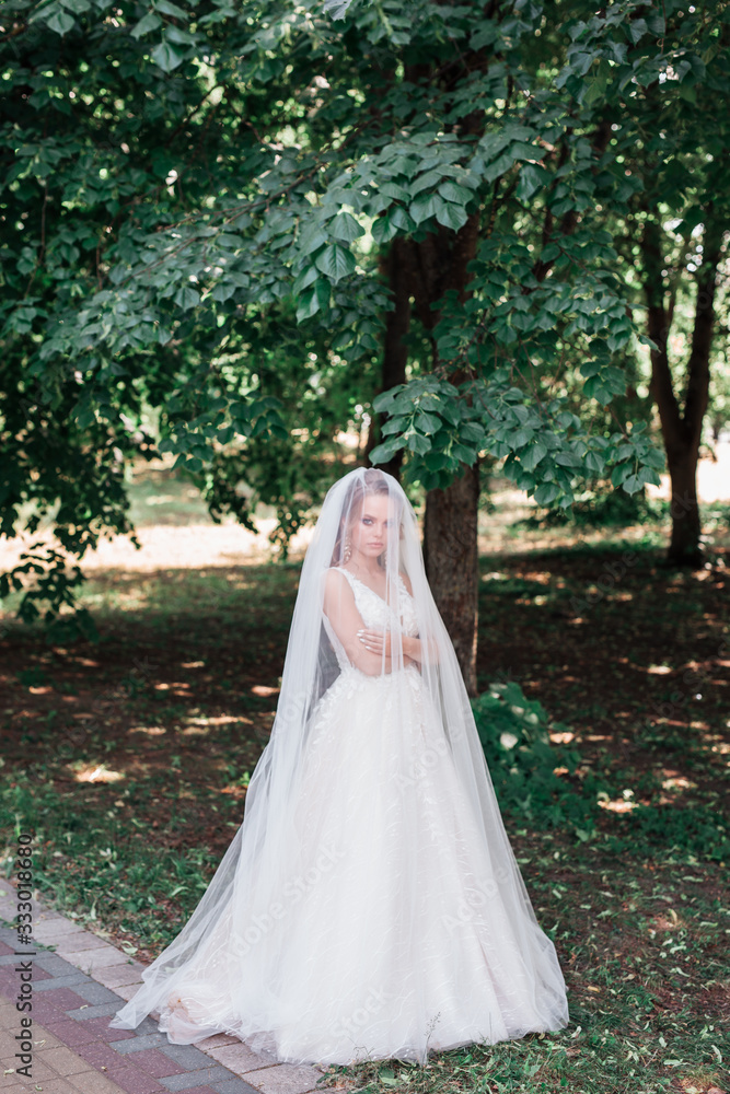 Beautiful bride in white wedding dress and veil standing in park