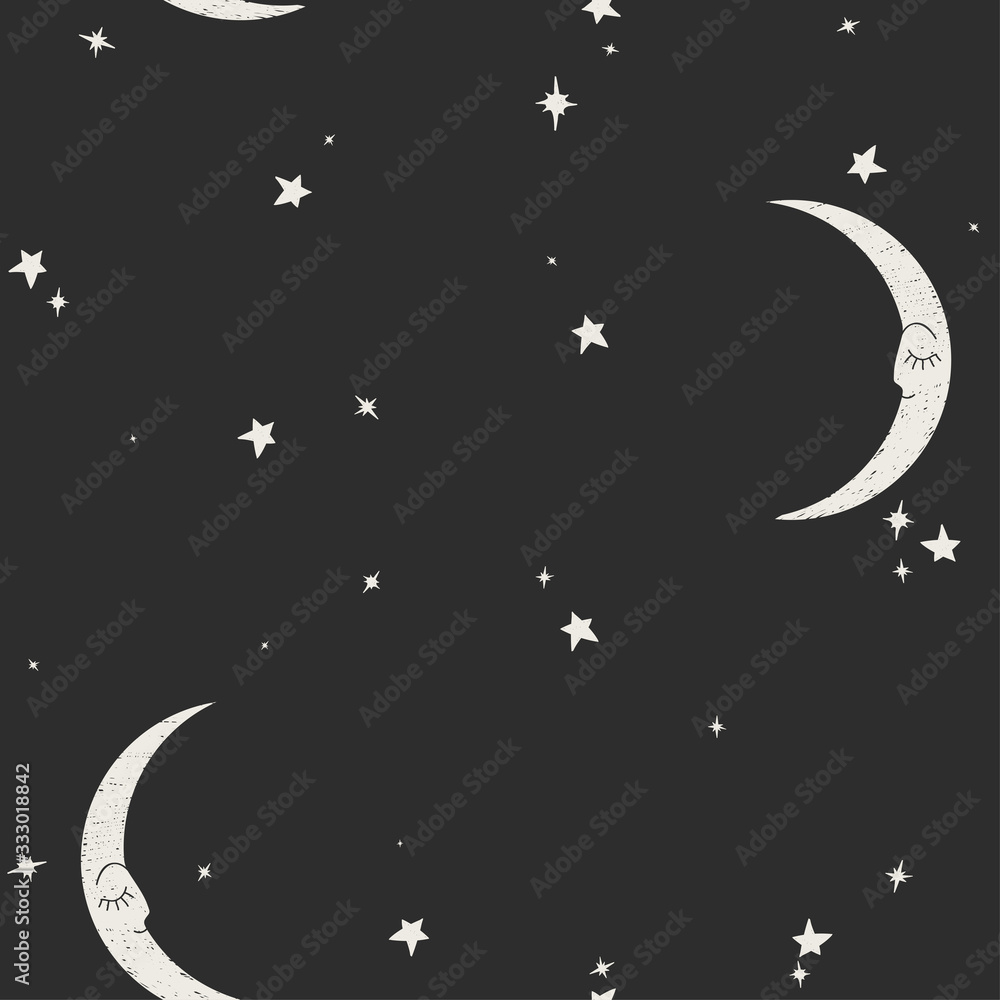 Seamless pattern with sleeping night stars and moon for kids holidays ...