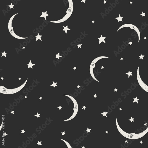 Seamless dark pattern with moons and stars. Vector illustration.