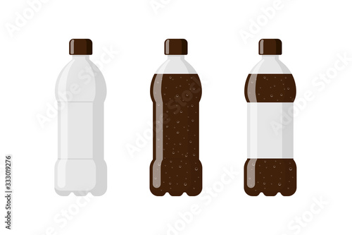 Plastic bottle set empty with brown soda beverage and label. Carbonated drink with bubbles in tare flat isolated vector illustration