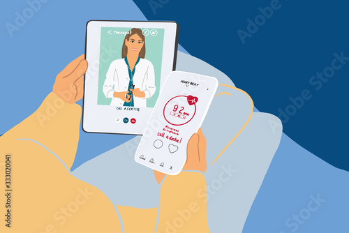 Patient talking by mobile phone with a doctor online from home. Concept of telemedicine and medical treatment during pandemic. Colorful vector illustration in flat cartoon style