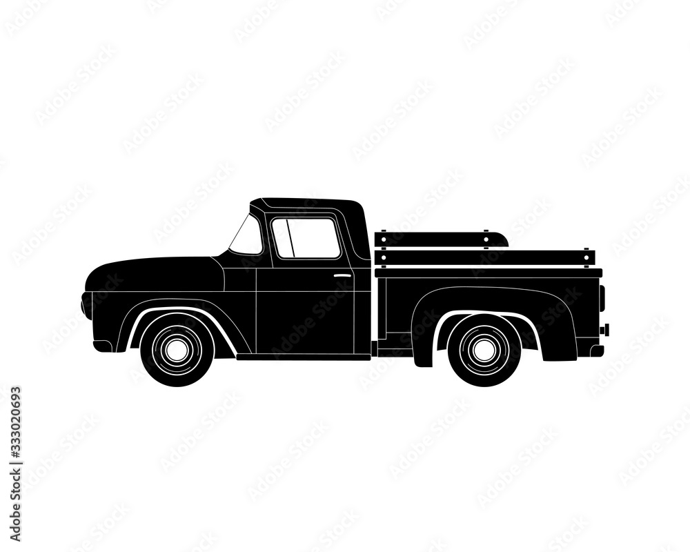 Silhouette old farmer retro pickup truck isolated on white background. Vintage transport car Silhouette old farmer retro pickup truck isolated on white background. Vintage transport car