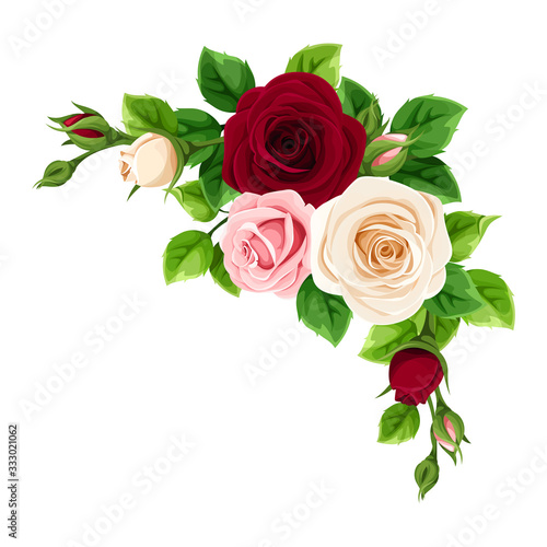 Vector pink  burgundy and white roses decorative element isolated on a white background.