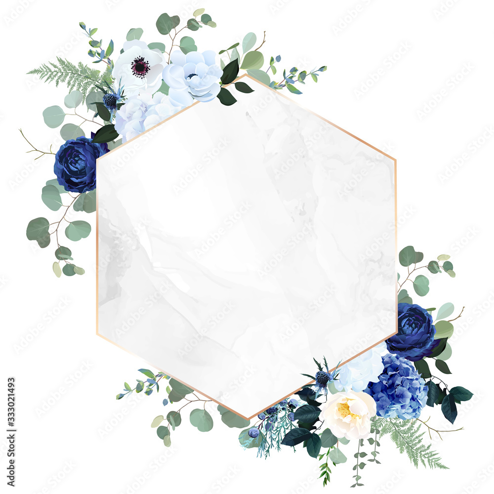Royal blue, navy garden rose, white hydrangea flowers, anemone, thistle,  eucalyptus Stock Vector | Adobe Stock