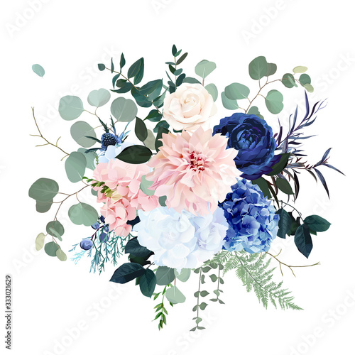 Classic blue rose, pink hydrangea, ranunculus, dahlia, thistle flowers, emerald greenery