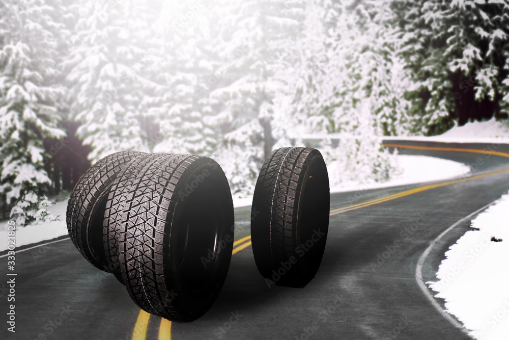 Winter tire on road wheels of during spring time for summer one Winter tire on road wheels of during spring time for summer one