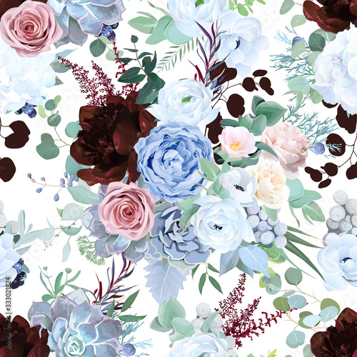 Seamless vector design pattern of dusty blue garden rose, white anemone, camellia, succulent, ranunculus, hydrangea, peony, eucalyptus greenery, burgundy red astilbe. Beautiful floral print.Editable