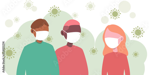 Protect yourself. Two guys and girl surrounded by a virus. Protective masks. Young man and woman wearing a medical mask. Vector design illustrations. Coronavirus prevention COVID-19 2019-nCov