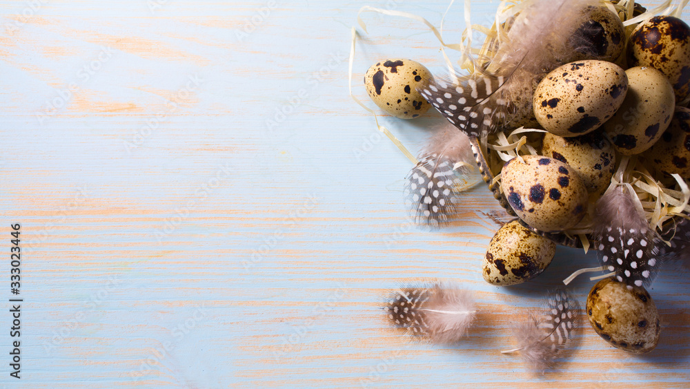 Art Easter morning risen; Easter eggs basket and bird feather on morning sunny sky background; Holiday Easter banner or greeting card background Art Easter morning risen; Easter eggs basket and bird feather on morning sunny sky background; Holiday Easter banner or greeting card background