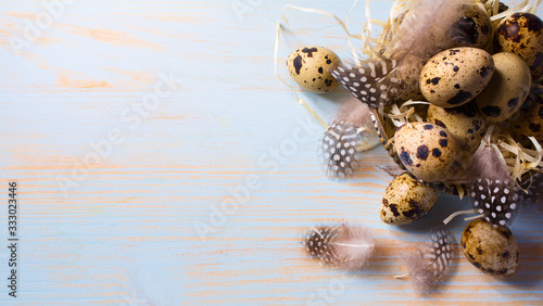 Art Easter morning risen   Easter eggs basket and bird feather on morning sunny sky background  Holiday Easter banner or greeting card background