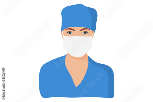  European white female nurse. Female hospital worker in blue uniform with mask, vector portrait illustration.
