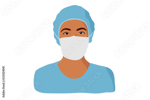 African-american nurse. Female hospital worker in blue uniform with mask, vector portrait illustration.
