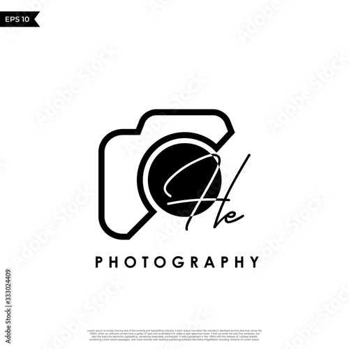 Initial Letter HE with camera. Logo photography simple luxury vector.