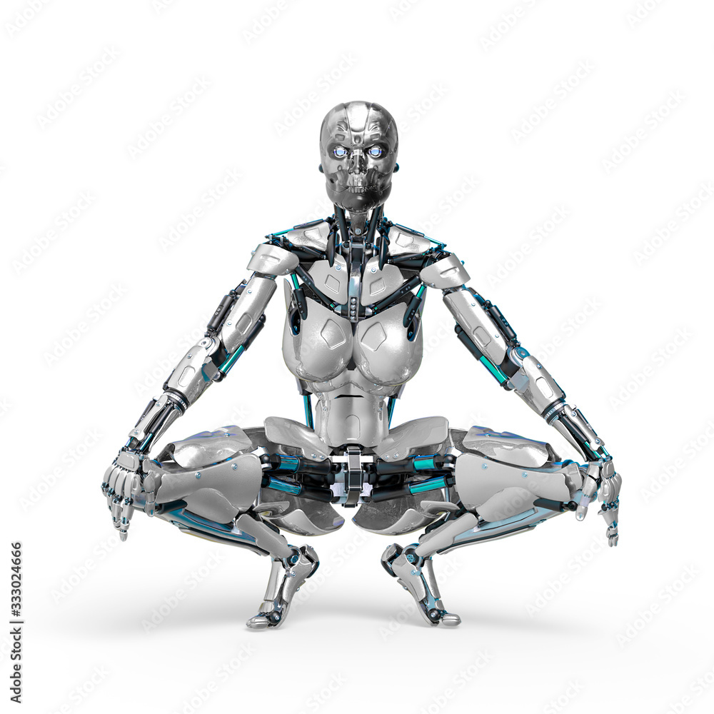 cyborg female comic waiting and loading frontal view in a white background cyborg female comic waiting and loading frontal view in a white background