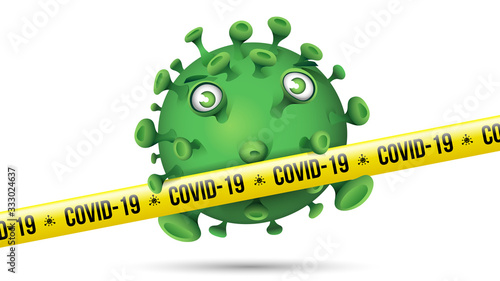 Funny Green Virus Behind Yellow Security Tape - Covid-19