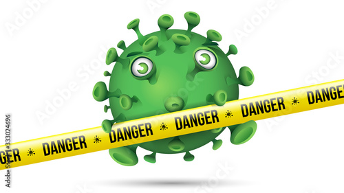 Funny Green Virus Behind Yellow Security Tape - Danger