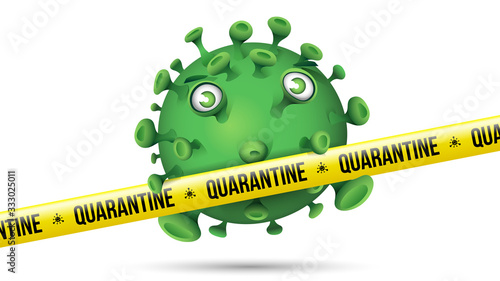 Funny Green Virus Behind Yellow Security Tape - Quarantine