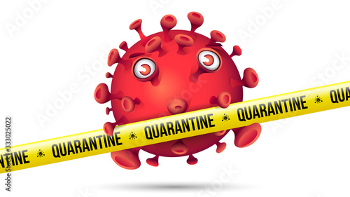 Funny Red Virus Behind Yellow Security Tape - Quarantine