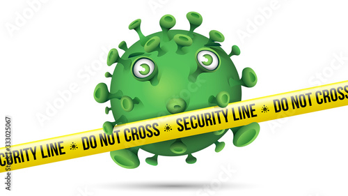 Funny Green Virus Behind Yellow Security Tape - Security Line Do Not Cross