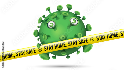 Funny Green Virus Behind Yellow Security Tape - Stay Home Stay Safe