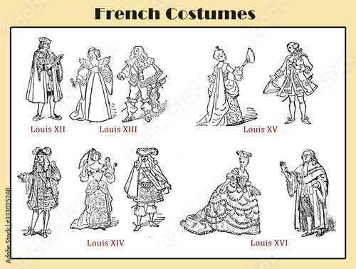 French court costumes of the Louis XII, Louis XIII, Louis XIV and Louis XVI,   illustrated   lexicon table photo