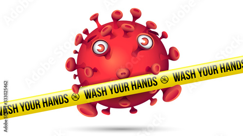 Funny Red Virus Behind Yellow Security Tape - Wash Your Hands