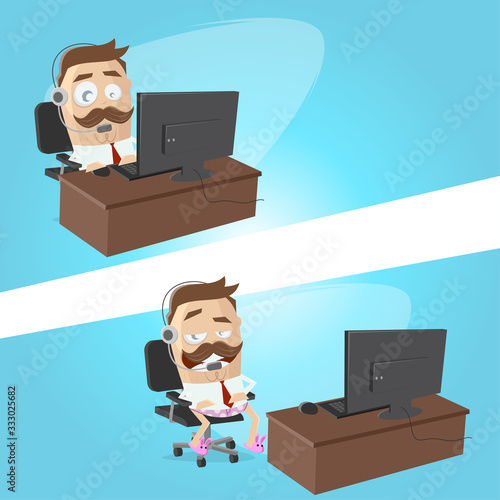 funny cartoon illustration of a businessman working at his homeoffice with underpants and slippers